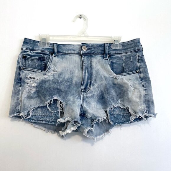 AMERICAN EAGLE 360 Super Stretch AEO Denim x4 Hi-Rise Shortie Acid Wash Ripped - Picture 2 of 15